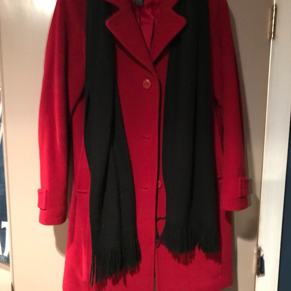 Red peacoat with Black Scarf